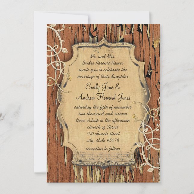Invitation Vintage Gold Vieux Grange Bois Vin Mariage (Devant)