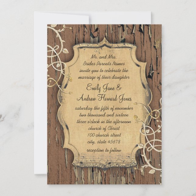 Invitation Vintage Gold Vieux Grange Bois Vin Mariage (Devant)
