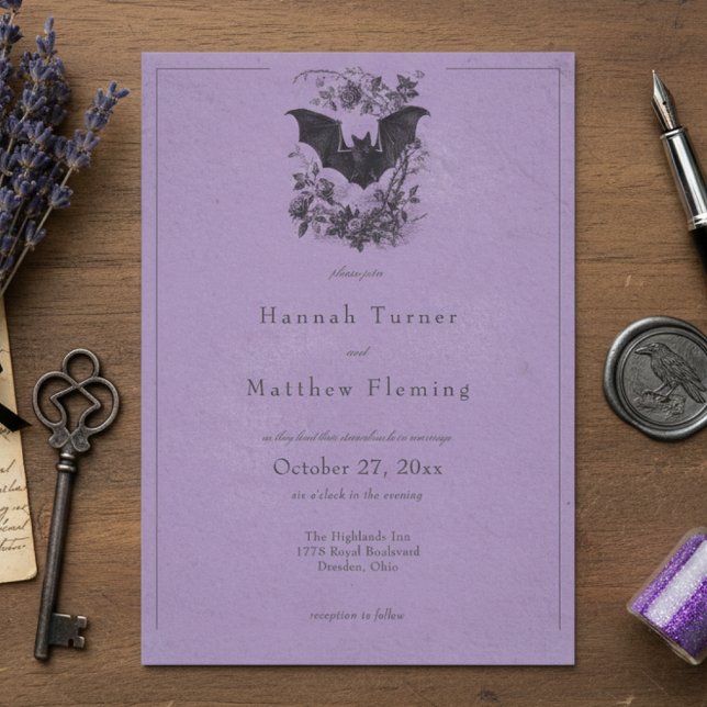Invitation Vintage Gothic Black Toile Bat Purple Wedding (Créateur téléchargé)