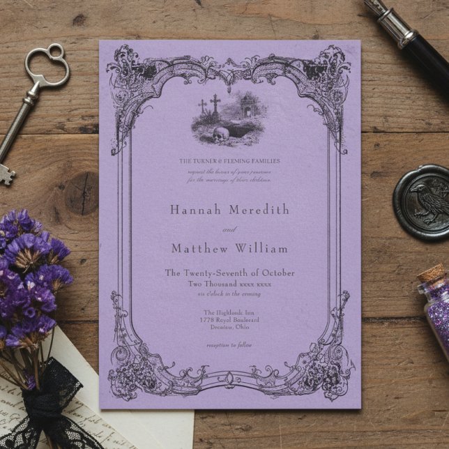 Invitation Vintage Gothic Black Toile Purple Skull Wedding (Créateur téléchargé)