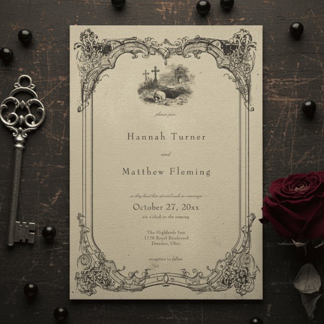 Invitation Vintage Gothic Black Toile Skull Tan Wedding (Créateur téléchargé)