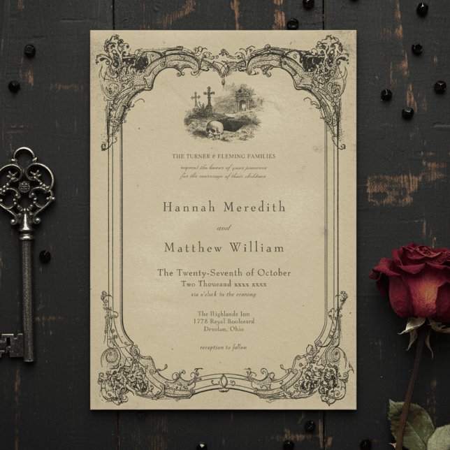 Invitation Vintage Gothic Black Toile Tan Skull Wedding (Créateur téléchargé)