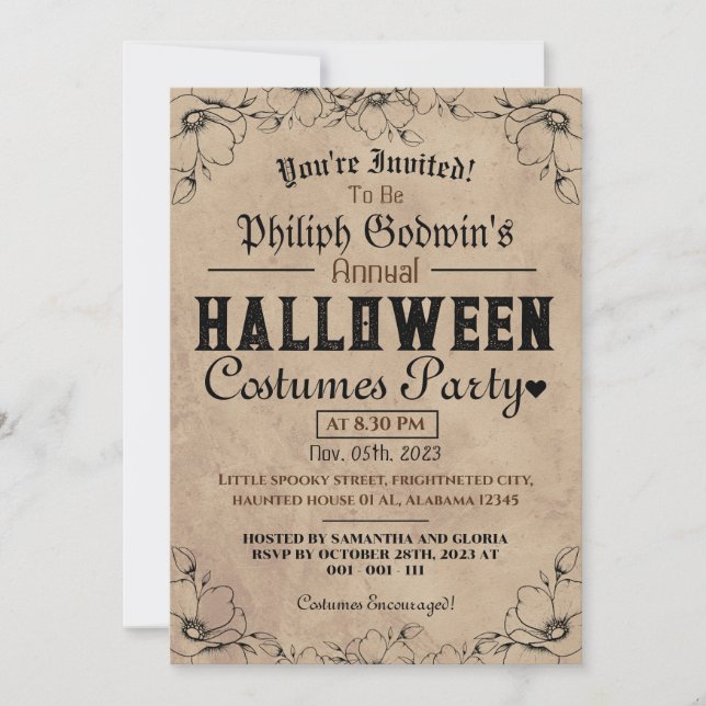 Invitation Vintage gothique rustique Halloween Costume Party (Devant)