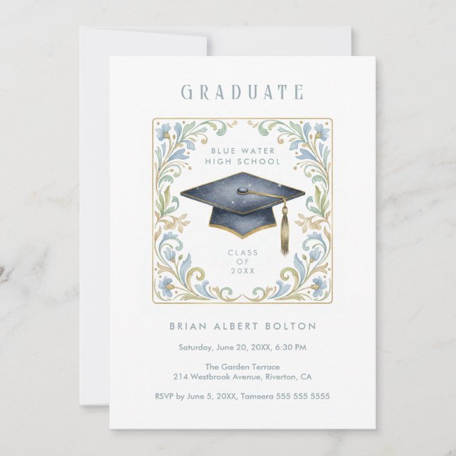 Invitation Vintage Graduate Cap with Floral Frame (Devant)