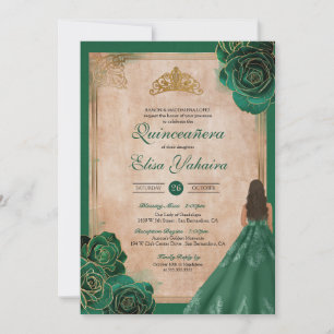 Invitation Vintage Green Gold Roses Élégant Royal Quinceanera