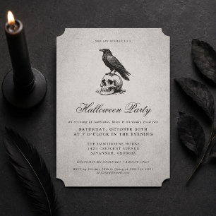 Invitation Vintage Gris Gothique Crâne de Corbeau Halloween A