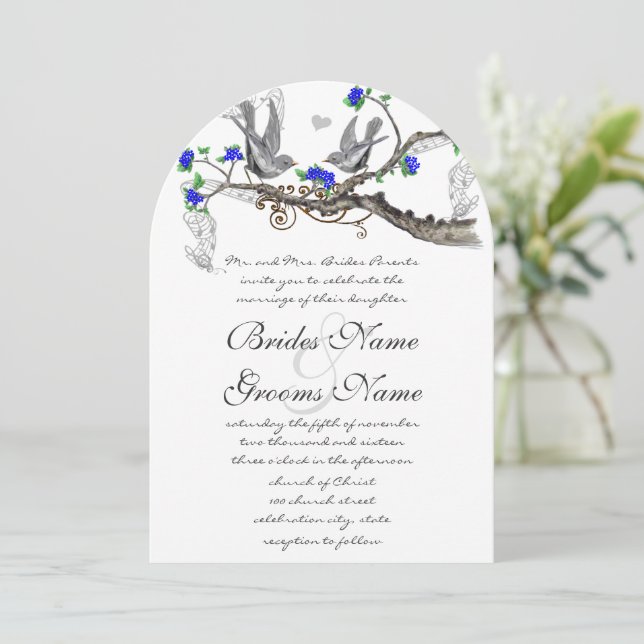 Invitation Vintage Gris Oiseaux Royal Bleu Cerisier Fleur (Debout devant)
