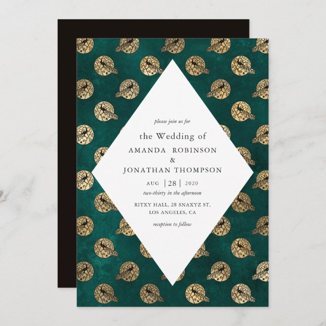 Invitation Vintage Grunge Turquoise et Gold Peacock Mariage (Devant / Derrière)