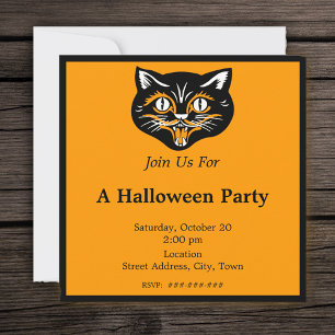 Invitation Vintage Halloween Black Cat Face Party