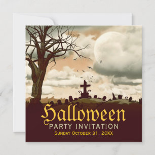 Invitation vintage Halloween cimetière pleine lune