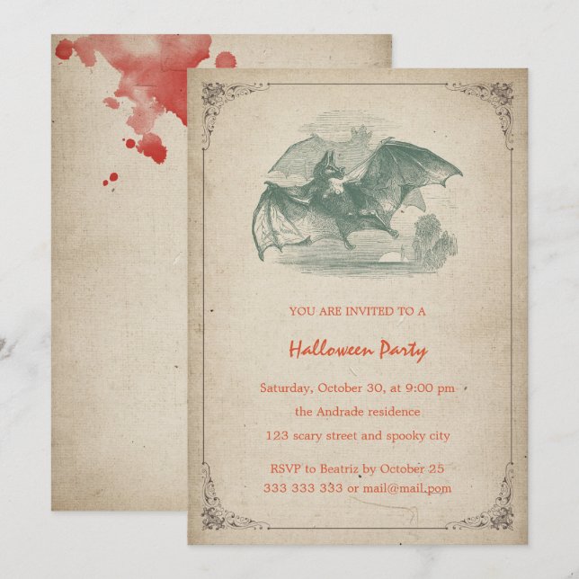 Invitation Vintage Halloween Party Bat Blood Splatz simple (Devant / Derrière)
