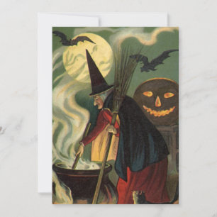 Invitation Vintage Halloween sorcière Stirring Magique Cauldr