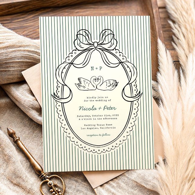 Invitation Vintage Hand Drawn Swan Green Stripes Wedding (Créateur téléchargé)