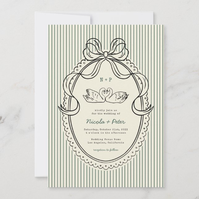 Invitation Vintage Hand Drawn Swan Green Stripes Wedding (Devant)