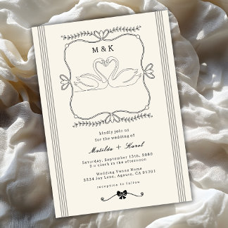 Invitation Vintage Hand Drawn Swans Stripes Monogram Wedding