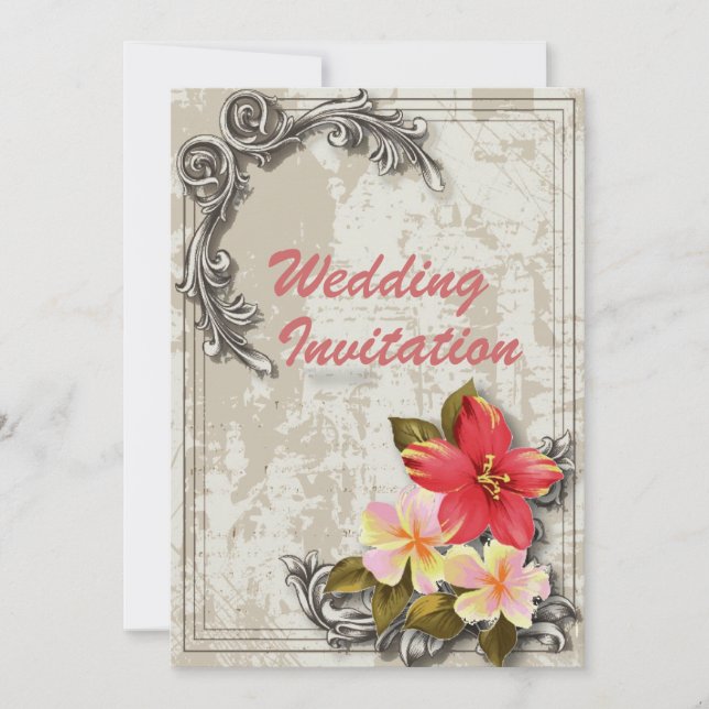 Invitation vintage hawaii hibiscus fleoral tropical mariage (Devant)