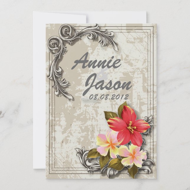 Invitation vintage hawaii hibiscus fleoral tropical mariage (Devant)