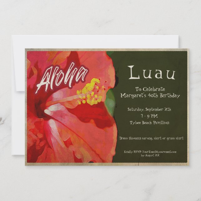Invitation Vintage Hibiscus Luau Beach Party Anniversaire Inv (Devant)