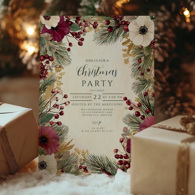 Invitation Vintage hiver Floral Joyeux Noël (Créateur téléchargé)