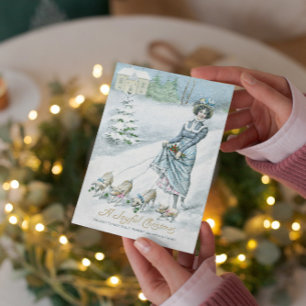 Invitation Vintage hiver Wonderland Lady Walking Pigs