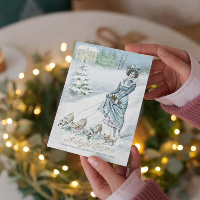 Invitation Vintage hiver Wonderland Lady Walking Pigs (Créateur téléchargé)