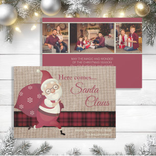 Invitation Vintage Ici Viennent Le Père Noël Plaid Burlap Pho