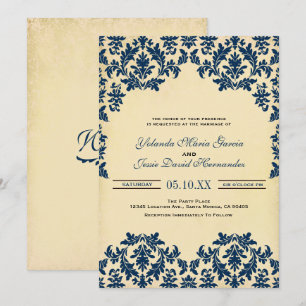 Invitation Vintage Indigo, Mariage damassé