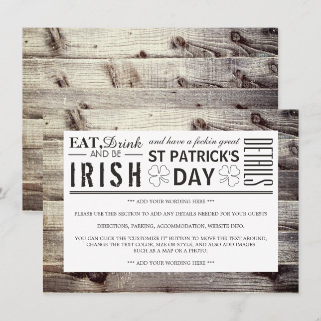 Invitation Vintage Irish Wood St Patrick's Day Détails (Devant / Derrière)