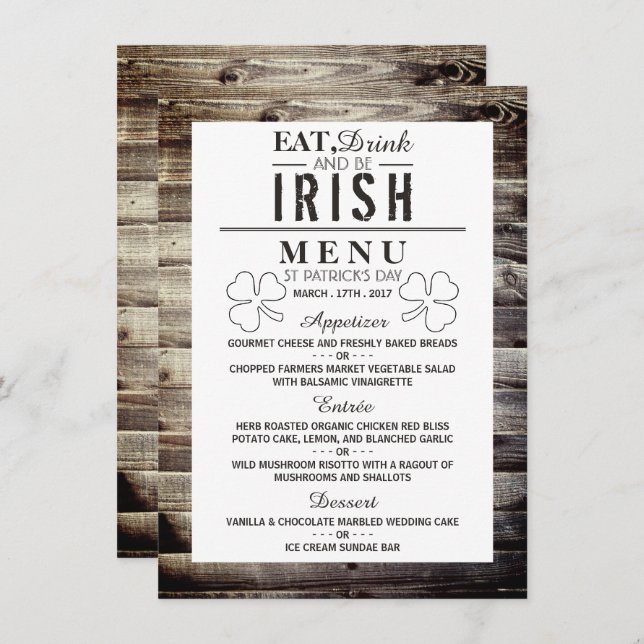 Invitation Vintage Irish Wood St Patrick's Day Menu (Devant / Derrière)