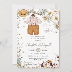 Invitation Vintage ivoire Floral verdure Baby shower garçon