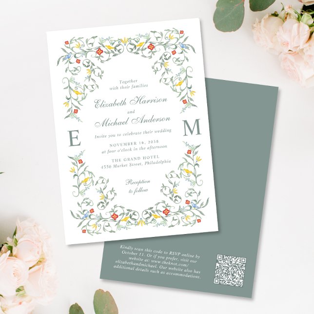 Invitation Vintage Jardin Aquarelle Monogramme QR Code Mariag (Créateur téléchargé)
