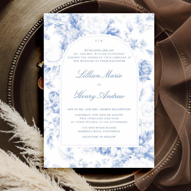Invitation Vintage Jardin Bleu Toile Arch Mariage classique (vintage garden wedding invitation blue toile arch french floral botanical old money formal tradition)