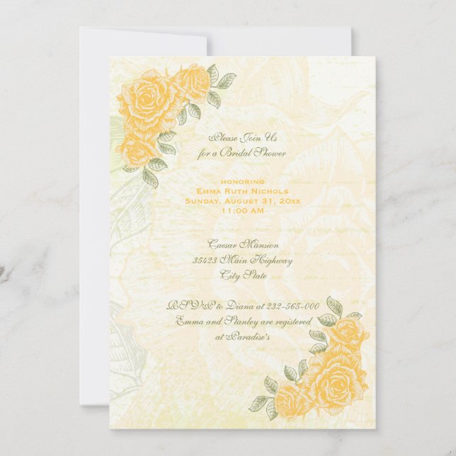 Invitation Vintage jaune roses mariage nuptiale douche invita (Devant)