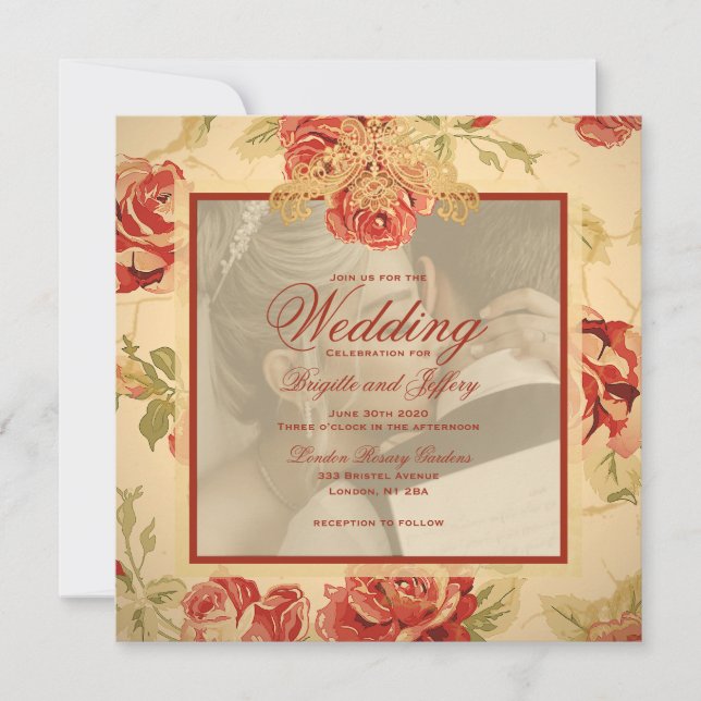 Invitation Vintage jaune rustique rose rouge personnalisé mar (Devant)