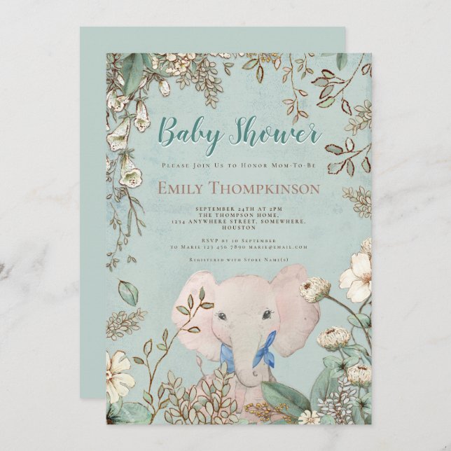 Invitation Vintage joli éléphant Baby shower botanique vert (Devant / Derrière)