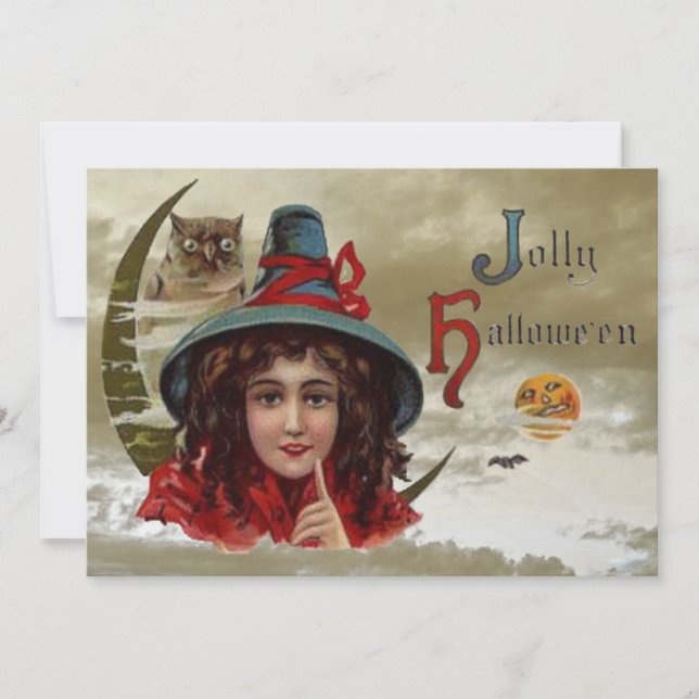 Invitation vintage Jolly Halloween Witch Party (Devant)