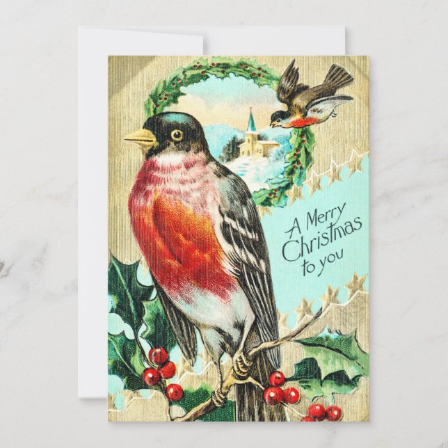 Invitation Vintage Joyeux Oiseau de Noël Holly (Devant)