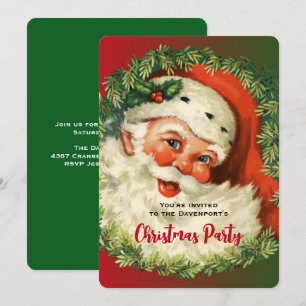 Invitation Vintage Joyeux Père Noël avec couronne de houx et