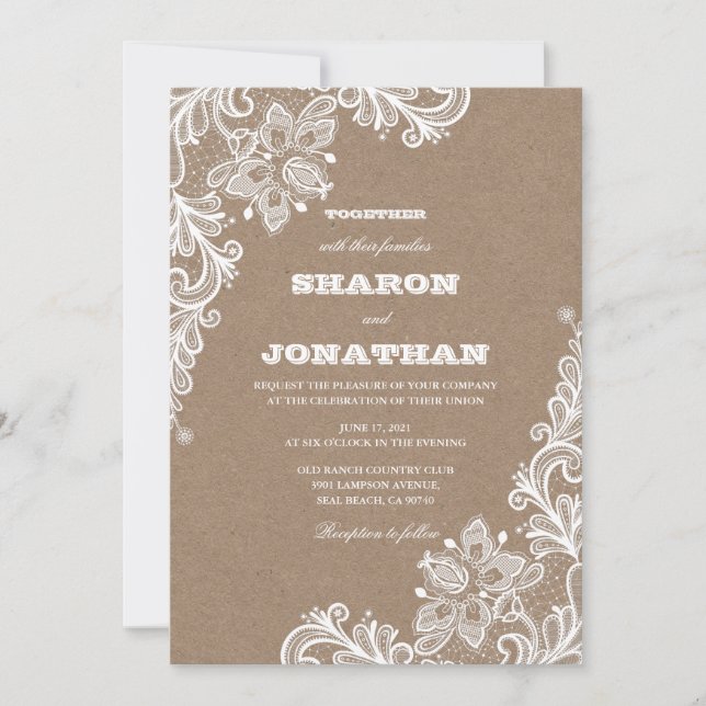 Invitation Vintage Lace Kraft & White Rustic Mariage (Devant)