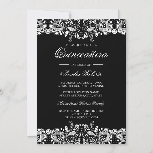Invitation Vintage Lace Noir Blanc Quinceanera (Devant)