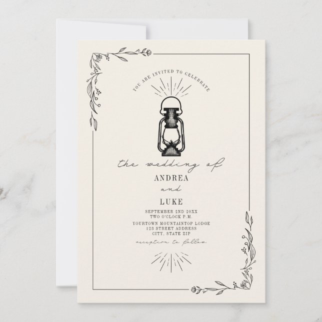 Invitation Vintage lanterne Rustique Botanique Mariage noir (Devant)