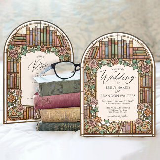 Invitation Vintage Library Books Stained Glass Arch Wedding