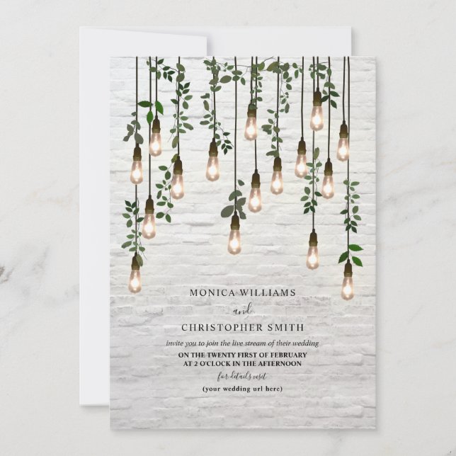 Invitation Vintage Lightbulbes White Brick Botanical Virtual (Devant)