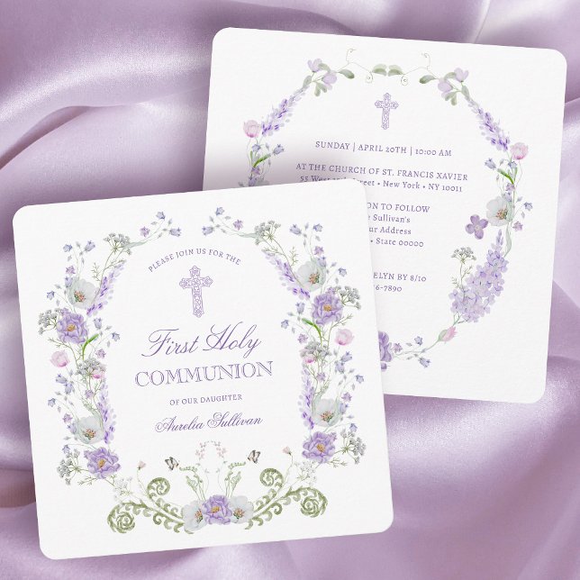 Invitation Vintage Lilac Fleurs Cadre Première Communion (Créateur téléchargé)