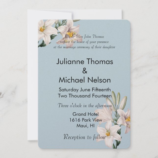 Invitation Vintage Lilies Bleu Blanc Floral Mariage (Devant)