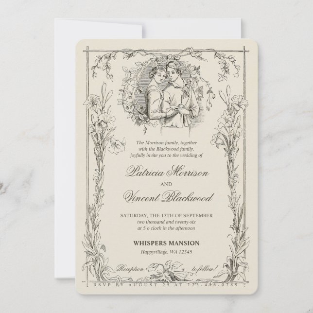 Invitation Vintage Lily Frame et Love Couple Mariage (Devant)