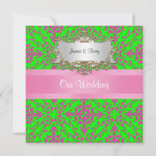 Invitation Vintage Look Pink Lime Grn Damask #3 Mariage Invit