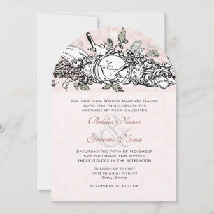 Invitation Vintage Lovebird Pink Musical Scroll Mariage