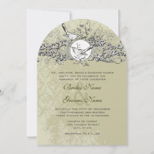 Invitation Vintage Lovebird Sage Green Musical Scroll Mariage