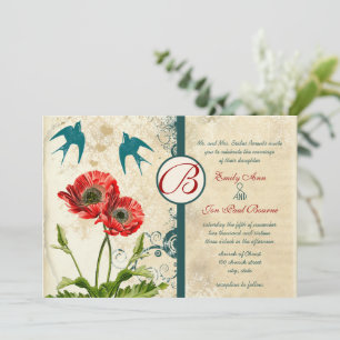 Invitation Vintage Lovebirds de dentelle Damask Red Poppy Mar